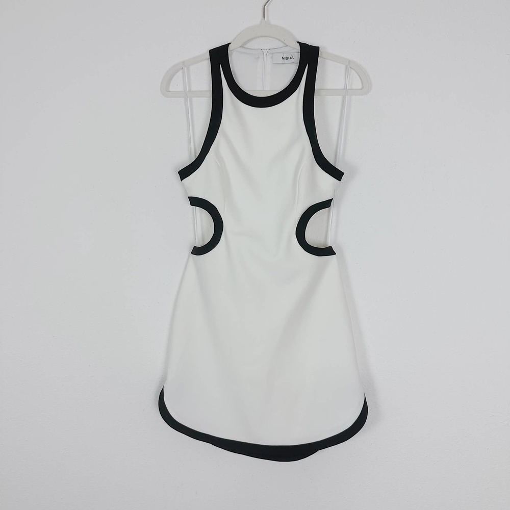 NEW MISHA Lotus Two-Tone Bonded Crepe Mini Dress in White Black Size 6 - Picture 3 of 8